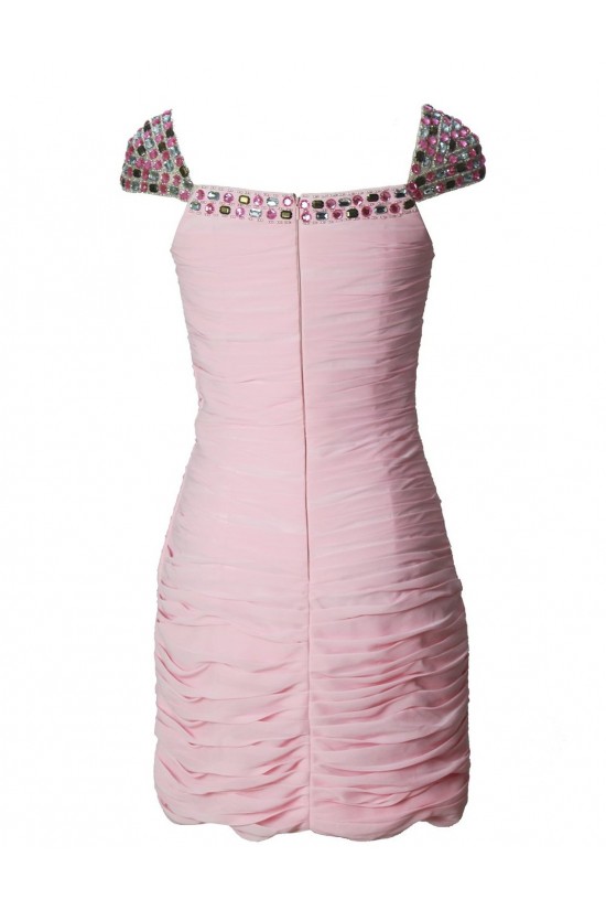Cap Sleeve Beaded Pleated Short Pink Chiffon Prom Evening Formal Party Dresses ED010448