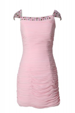 Cap Sleeve Beaded Pleated Short Pink Chiffon Prom Evening Formal Party Dresses ED010448