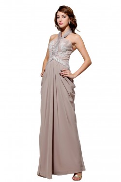 Sheath/Column Halter Beaded Long Chiffon Prom Evening Formal Party Dresses ED010449