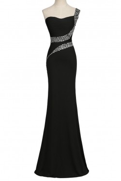 Trumpet/Mermaid One-Shoulder Beaded Long Black Prom Evening Formal Party Dresses ED010452