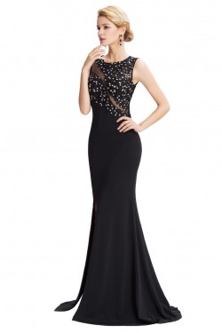 Trumpet/Mermaid Long Black Beaded Applique Prom Evening Formal Party Dresses ED010453