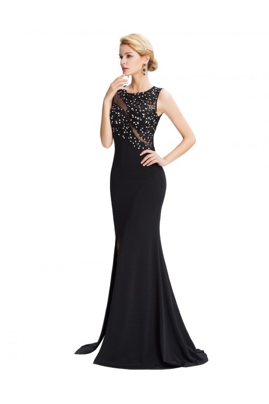 Trumpet/Mermaid Long Black Beaded Applique Prom Evening Formal Party Dresses ED010453