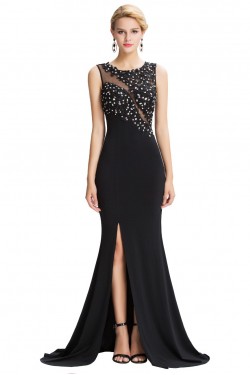 Trumpet/Mermaid Long Black Beaded Applique Prom Evening Formal Party Dresses ED010453