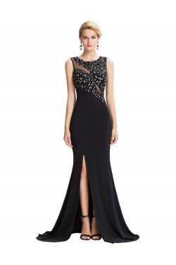 Trumpet/Mermaid Long Black Beaded Applique Prom Evening Formal Party Dresses ED010453