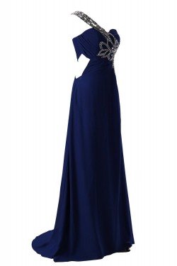 A-Line One-Shoulder Long Blue Beaded Chiffon Prom Evening Formal Party Dresses ED010462