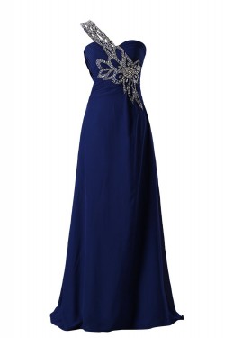 A-Line One-Shoulder Long Blue Beaded Chiffon Prom Evening Formal Party Dresses ED010462