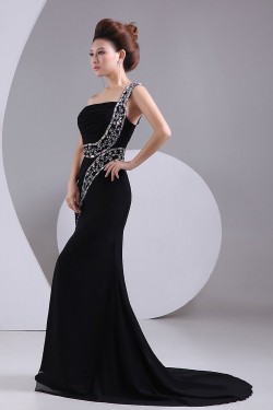 Trumpet/Mermaid One-Shoulder Beaded Long Black Chiffon Prom Evening Formal Party Dresses ED010469