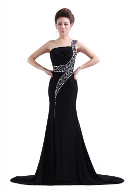 Trumpet/Mermaid One-Shoulder Beaded Long Black Chiffon Prom Evening Formal Party Dresses ED010469