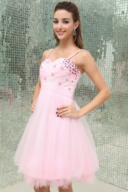 A-Line Spaghetti Strap Beaded Short Pink Prom Evening Formal Party Dresses ED010472