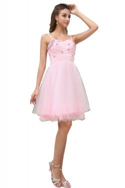 A-Line Spaghetti Strap Beaded Short Pink Prom Evening Formal Party Dresses ED010472