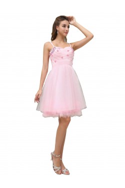 A-Line Spaghetti Strap Beaded Short Pink Prom Evening Formal Party Dresses ED010472