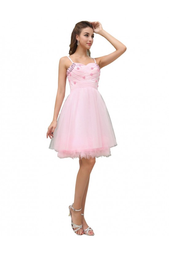 A-Line Spaghetti Strap Beaded Short Pink Prom Evening Formal Party Dresses ED010472