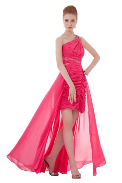 High Low One-Shoulder Long Pink Chiffon Beaded Prom Evening Formal Party Dresses ED010475