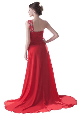 A-Line One-Shoulder Long Red Beaded Chiffon Prom Evening Formal Party Dresses ED010485
