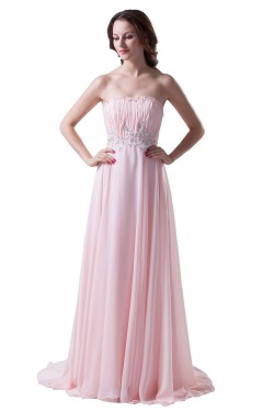 A-Line Strapless Beaded Long Pink Chiffon Prom Evening Formal Party Dresses ED010486