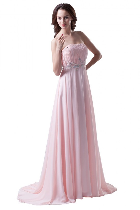A-Line Strapless Beaded Long Pink Chiffon Prom Evening Formal Party Dresses ED010486