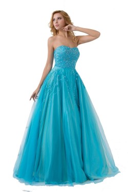 A-Line Strapless Beaded Long Blue Prom Evening Formal Party Dresses ED010504