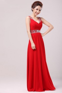 A-Line Beaded Long Red Chiffon Prom Evening Formal Party Dresses ED010529