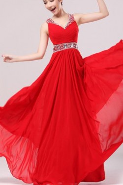 A-Line Beaded Long Red Chiffon Prom Evening Formal Party Dresses ED010529
