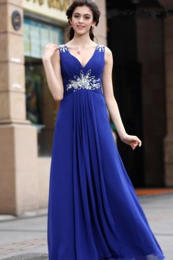 A-Line Beaded Long Blue Chiffon Prom Evening Formal Party Dresses ED010536