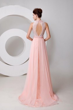 A-Line Beaded Long Pink Chiffon and Lace Prom Evening Formal Party Dresses ED010540