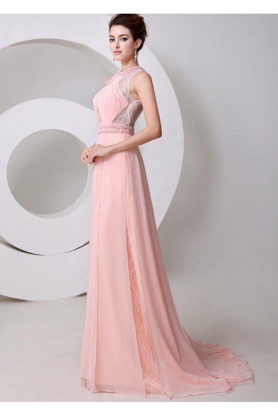 A-Line Beaded Long Pink Chiffon and Lace Prom Evening Formal Party Dresses ED010540