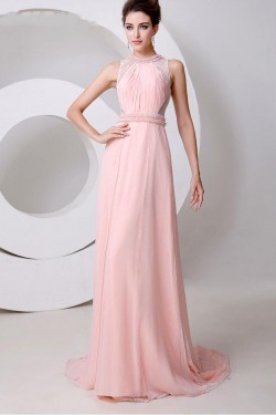 A-Line Beaded Long Pink Chiffon and Lace Prom Evening Formal Party Dresses ED010540