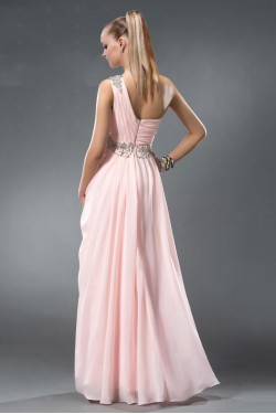 A-Line One-Shoulder Beaded Long Pink Chiffon Prom Evening Formal Party Dresses ED010543