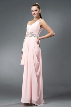 A-Line One-Shoulder Beaded Long Pink Chiffon Prom Evening Formal Party Dresses ED010543