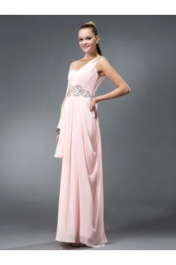 A-Line One-Shoulder Beaded Long Pink Chiffon Prom Evening Formal Party Dresses ED010543