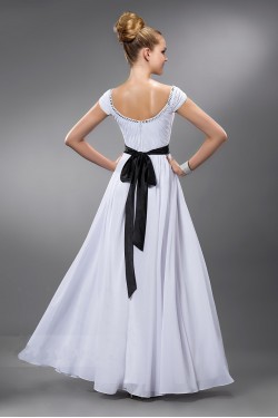A-Line Cap Sleeve Beaded Long White Chiffon Prom Evening Formal Party Dresses ED010548