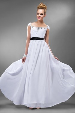 A-Line Cap Sleeve Beaded Long White Chiffon Prom Evening Formal Party Dresses ED010548