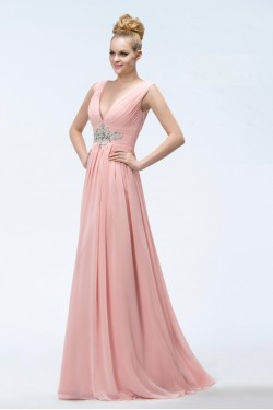 A-Line V-Neck Beaded Long Pink Chiffon Prom Evening Formal Party Dresses ED010550