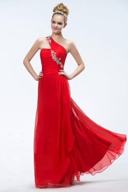A-Line One-Shoulder Long Red Chiffon Prom Evening Formal Party Dresses ED010551
