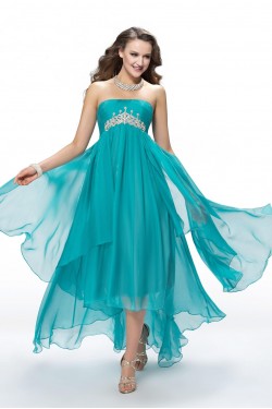 Empire High Low Strapless Beaded Long Blue Chiffon Prom Evening Formal Party Dresses/Maternity Evening Dresses ED010555