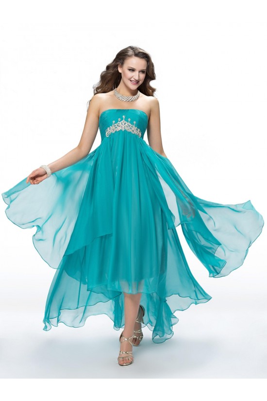 Empire High Low Strapless Beaded Long Blue Chiffon Prom Evening Formal Party Dresses/Maternity Evening Dresses ED010555