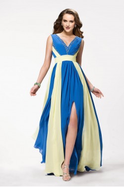 A-Line V-Neck Beaded Long Chiffon Prom Evening Formal Party Dresses ED010558