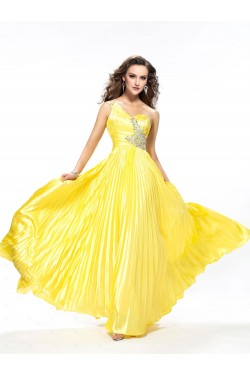 A-Line One-Shoulder Beaded Long Yellow Prom Evening Formal Party Dresses ED010563