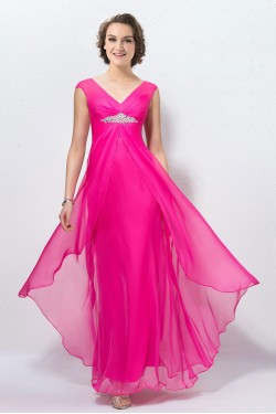 Sheath V-Neck Long Pink Beaded Chiffon Prom Evening Formal Party Dresses ED010574