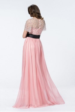 A-Line Short Sleeve Beaded Long Pink Prom Evening Formal Party Dresses ED010584