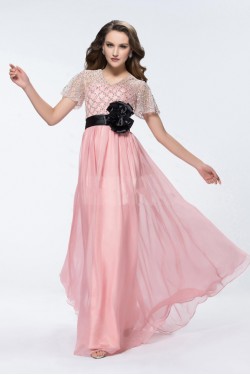 A-Line Short Sleeve Beaded Long Pink Prom Evening Formal Party Dresses ED010584