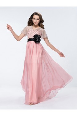 A-Line Short Sleeve Beaded Long Pink Prom Evening Formal Party Dresses ED010584