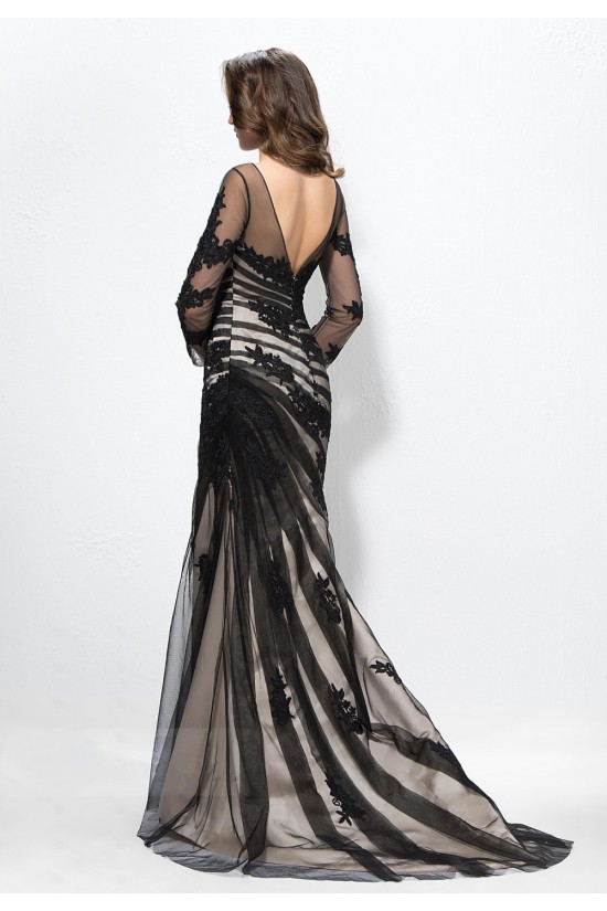 Vintage Appliques Trumpet Bateau Neck 3/4-Length Sleeves Long Prom Evening Formal Party Dresses ED010586