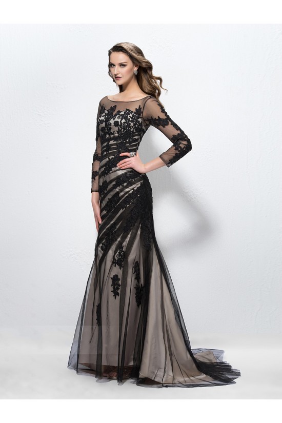 Vintage Appliques Trumpet Bateau Neck 3/4-Length Sleeves Long Prom Evening Formal Party Dresses ED010586