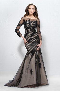 Vintage Appliques Trumpet Bateau Neck 3/4-Length Sleeves Long Prom Evening Formal Party Dresses ED010586