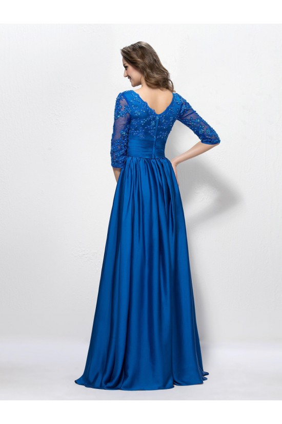 A-Line V-Neck Half Sleeve Lace Long Blue Prom Evening Formal Party Dresses ED010592