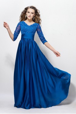 A-Line V-Neck Half Sleeve Lace Long Blue Prom Evening Formal Party Dresses ED010592