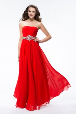 A-Line Strapless Beaded Long Red Chiffon Prom Evening Formal Party Dresses ED010607