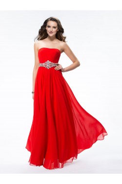 A-Line Strapless Beaded Long Red Chiffon Prom Evening Formal Party Dresses ED010607