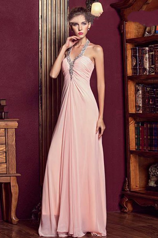Empire Halter Beaded Long Pink Chiffon Prom Evening Formal Party Dresses ED010612